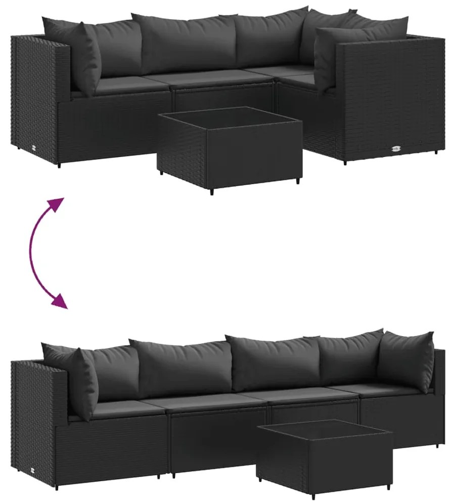 5 pcs conjunto lounge de jardim c/ almofadões vime PE preto