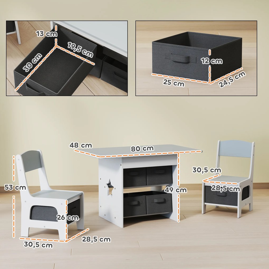 Mesa Infantil com 2 Cadeiras Mesa e Cadeiras para Crianças com 6 Gavetas de Tecido Desenho Estrelas Cinza Claro