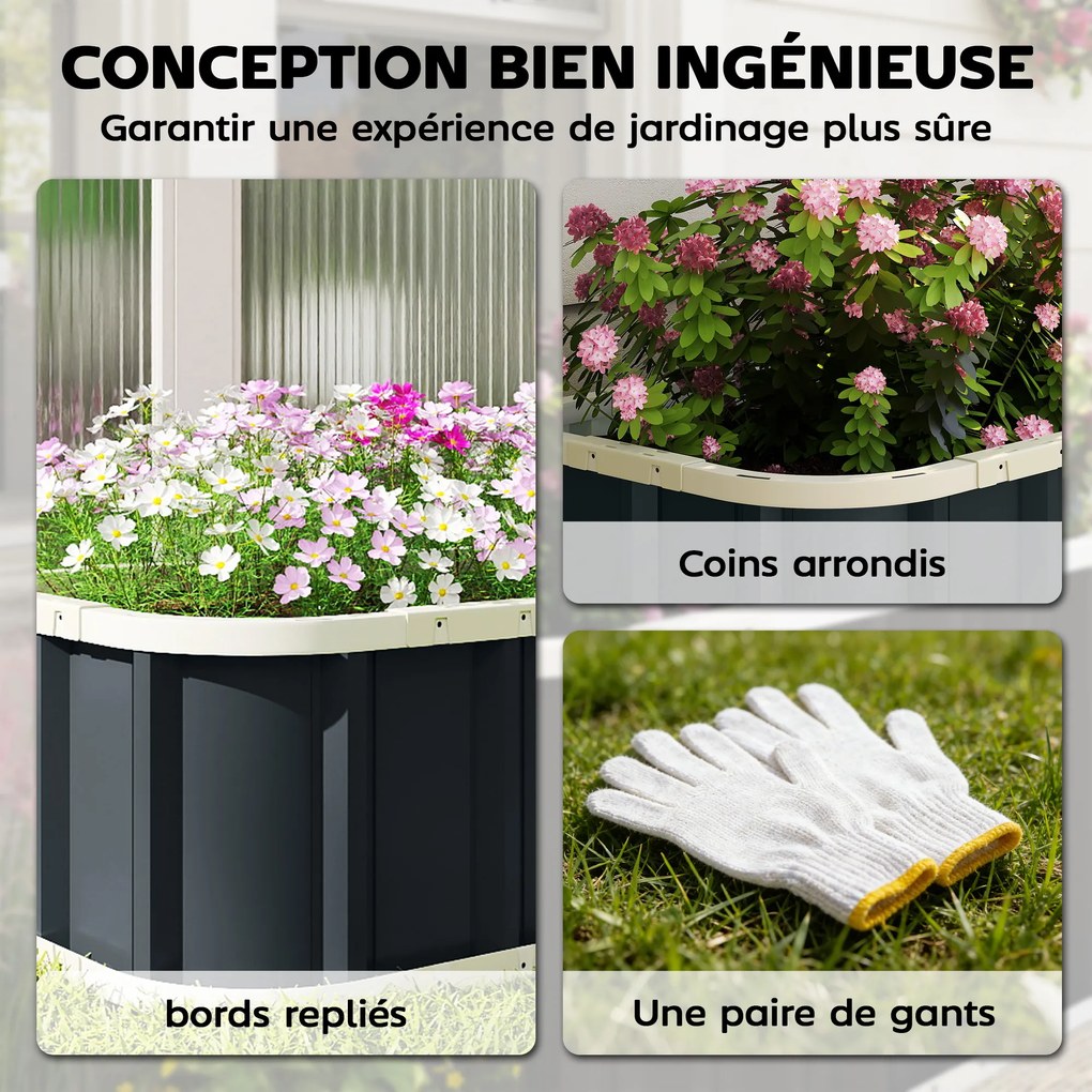 Floreira elevada em aço galvanizado 165 x 52 x 31 cm, canteiro de jardim com bordas dobradas, cinzento escuro