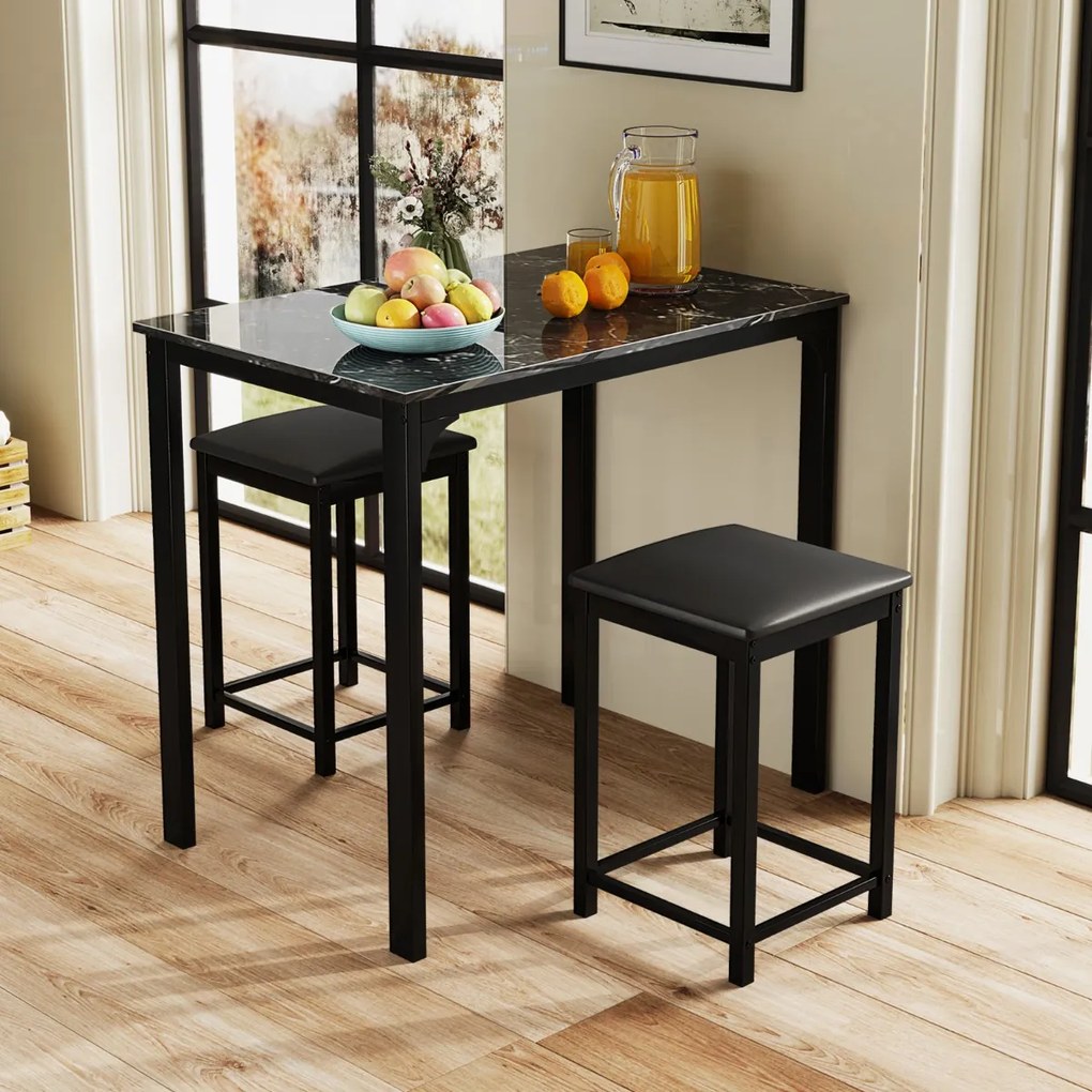 Conjunto de mesa de bar de 3 peças com 1 mesa e 2 bancos de bar estofados com apoio para os pés para sala de jantar, cozinha ou sala de estar, na cor