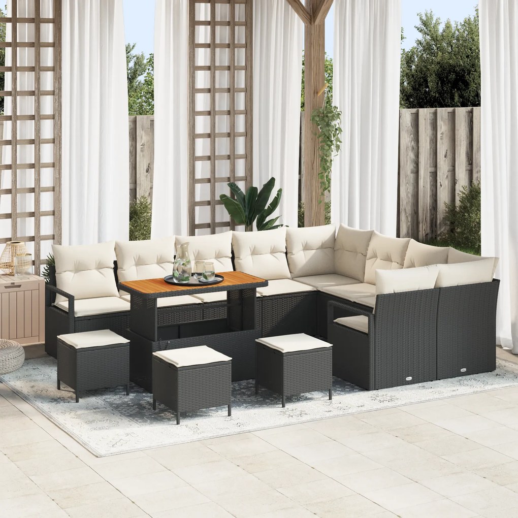 Conjunto de Sofá de Jardim com Almofadas 13 Peças Preto Rattan de Polietileno Acácia