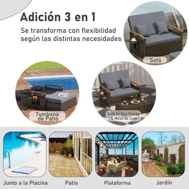Sofá-cama de rattan para exterior com apoio para os pés com arrumação Encosto ajustável em 4 níveis e tabuleiros laterais retrácteis Castanho/cinzento