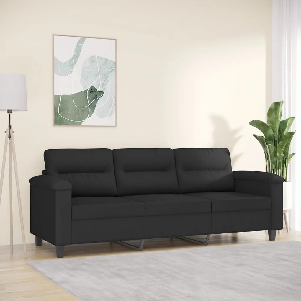 Sofá de 3 lugares 180 cm tecido de microfibra preto