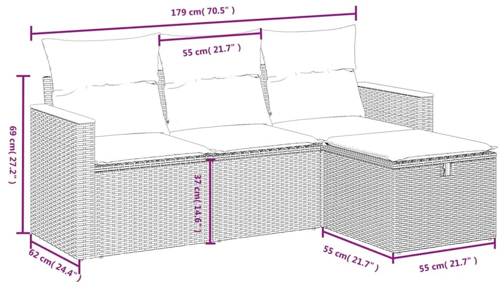 4 pcs conjunto sofás de jardim c/ almofadões vime PE cinzento