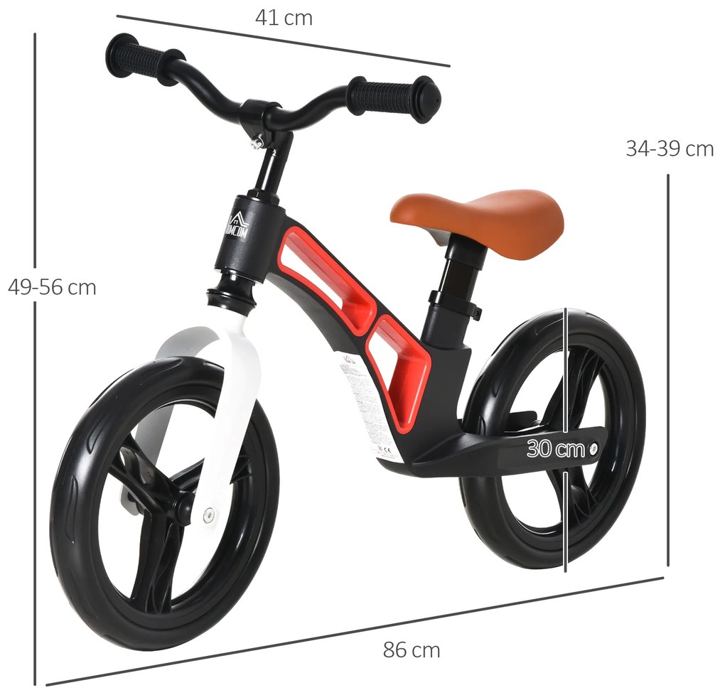 HOMCOM Bicicleta sem Pedais para Crianças de 2 a 5 anos Bicicleta de Equilibrio Infantil com Assento e Guidão Ajustáveis Rodas de Borracha 86x41x49-56cm Preto