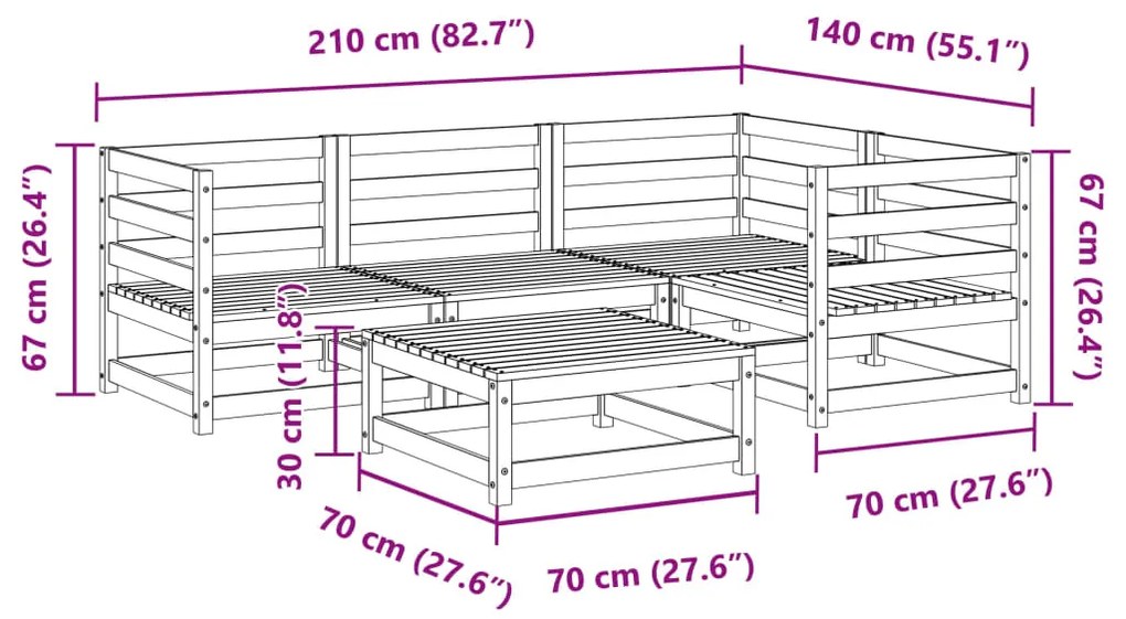 5 pcs conjunto de sofás de jardim pinho maciço castanho-mel