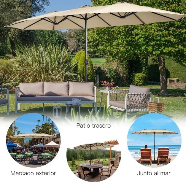 Guarda-sol duplo de 451,5 cm com base Sistema de manivela Estrutura metálica com 12 varas Ventilação para jardim Bege