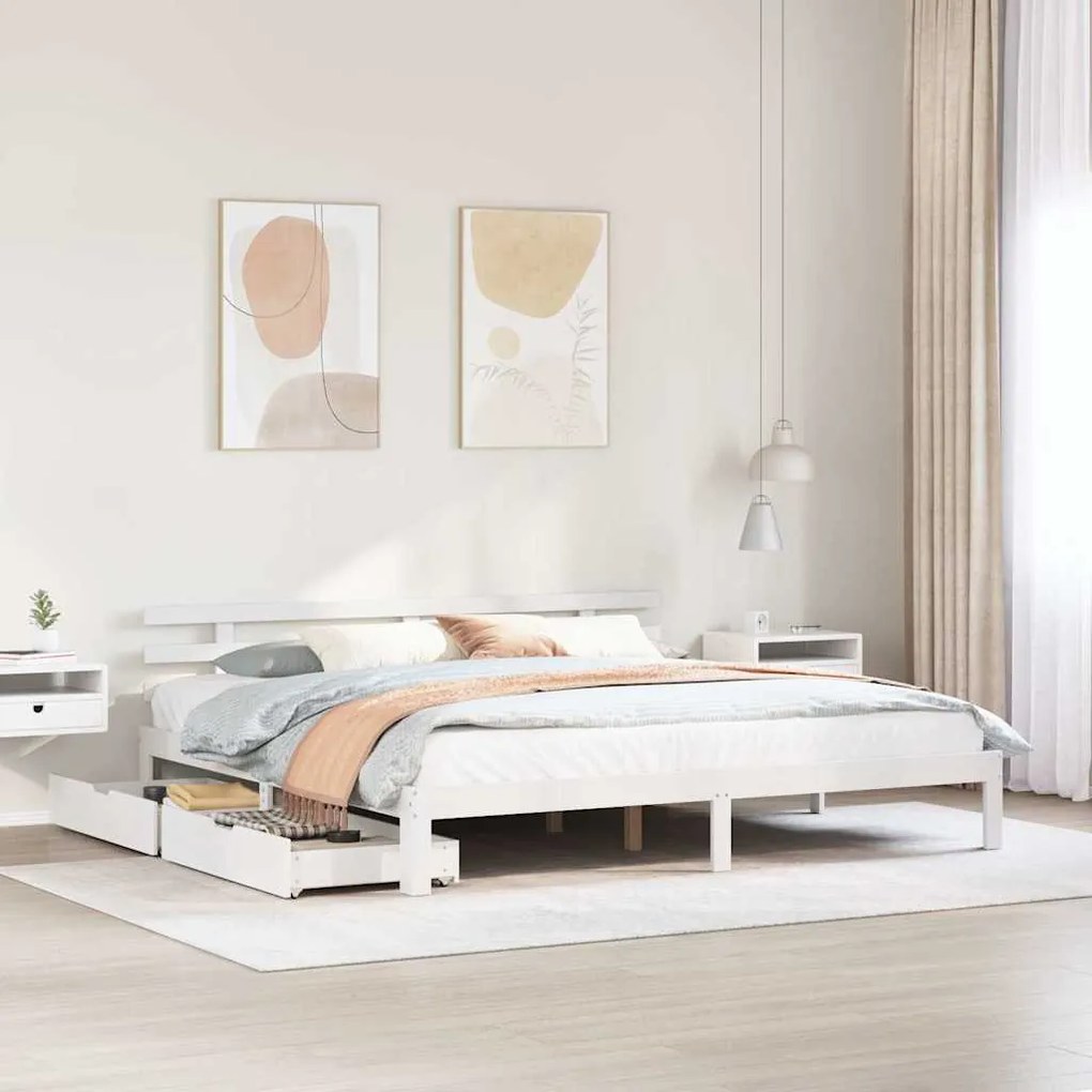 vidaXL Estrutura de cama c/ gavetas 200x200 cm pinho maciço branco