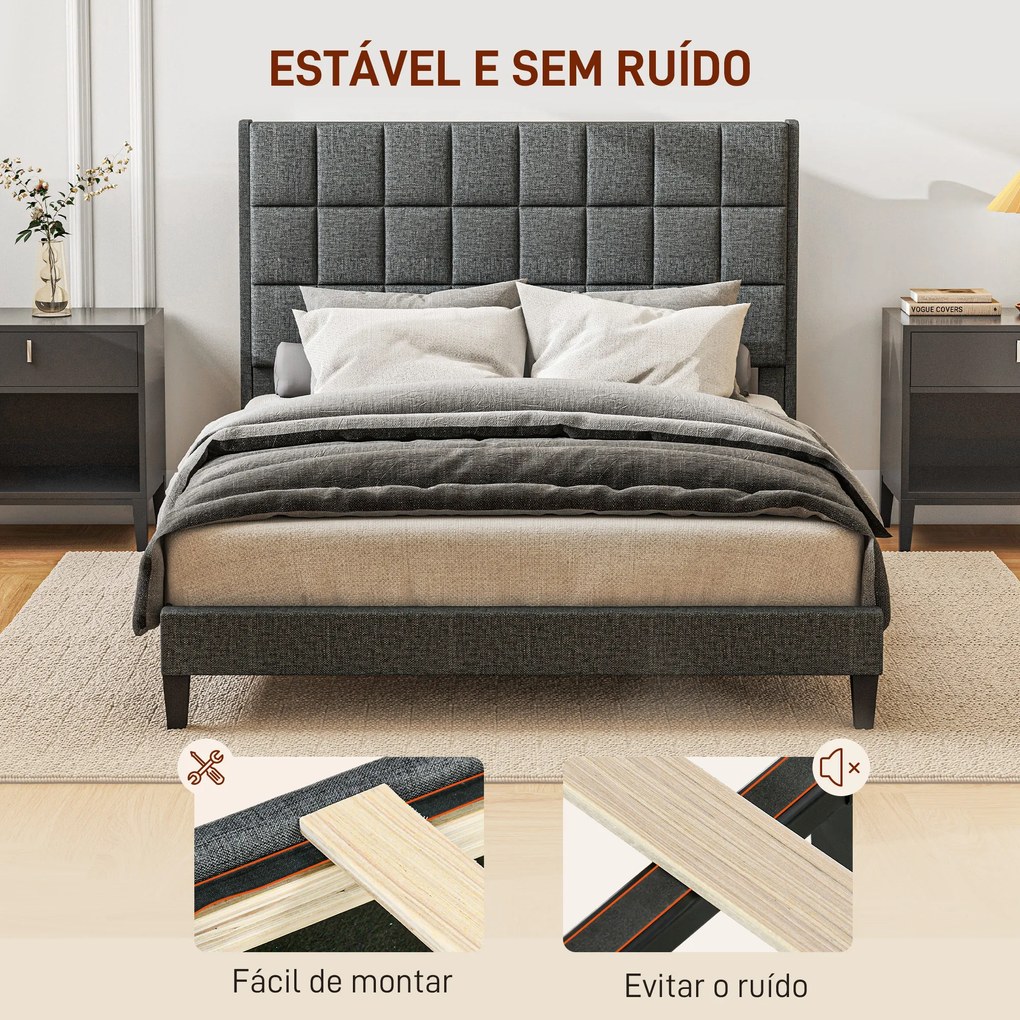 Estrutura de Cama 135x190 cm com Cabeceira Estofada em Linho e Espaço de Armazenamento Debaixo da Cama Cinza