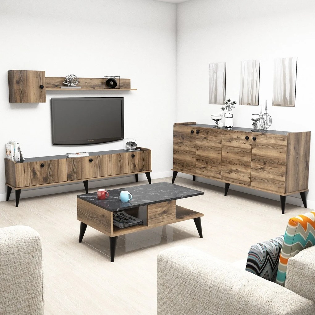 **** Conjunto de Mobiliário de Sala Lidya – Nogueira e Mármore – Diver