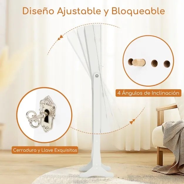 Armário para joias com espelho de corpo inteiro e luzes LED 4 ângulos de inclinação ajustáveis 41 x 37 x 146 cm Branco