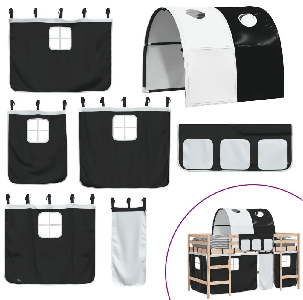 Cama alta criança c/ túnel 90x190 cm pinho maciço branco/preto