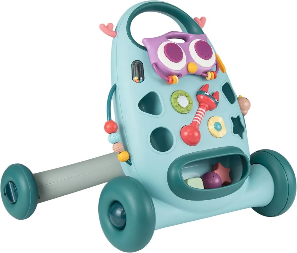 Andador Montessori bebés com Reprodutor Oval Removível Classificador de Formas Maracas Pássaro Deslizante e 2 Giradores Azul