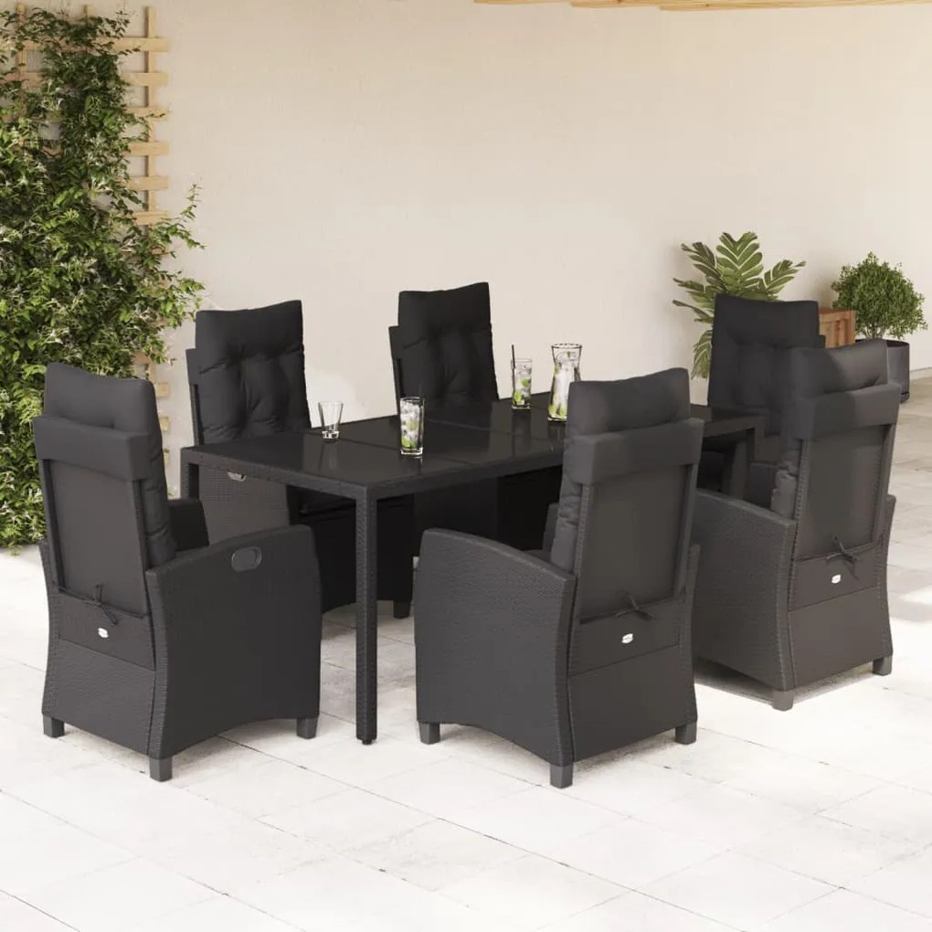 7 pcs conjunto de jantar p/ jardim c/ almofadões vime PE preto