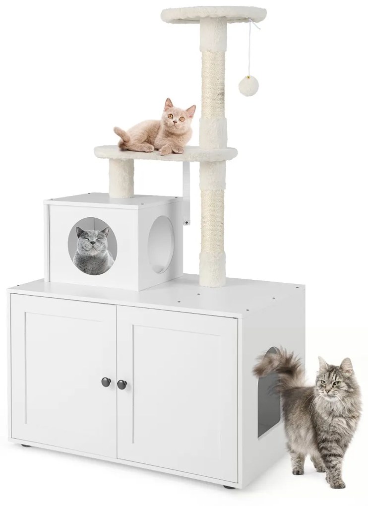 Casa para gatos com armarios para arrumação Caixa de areia e torre de arranhar Armário com esconderijo e divisória 77,5 x 49 x 132 cm Branco