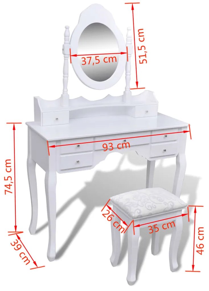 Toucador com espelho e banco 7 gavetas branco