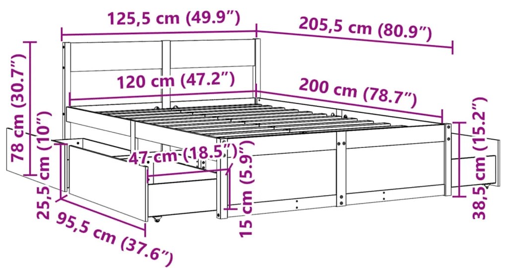 Cama sem colchão 120x200 cm madeira pinho maciça castanho-mel