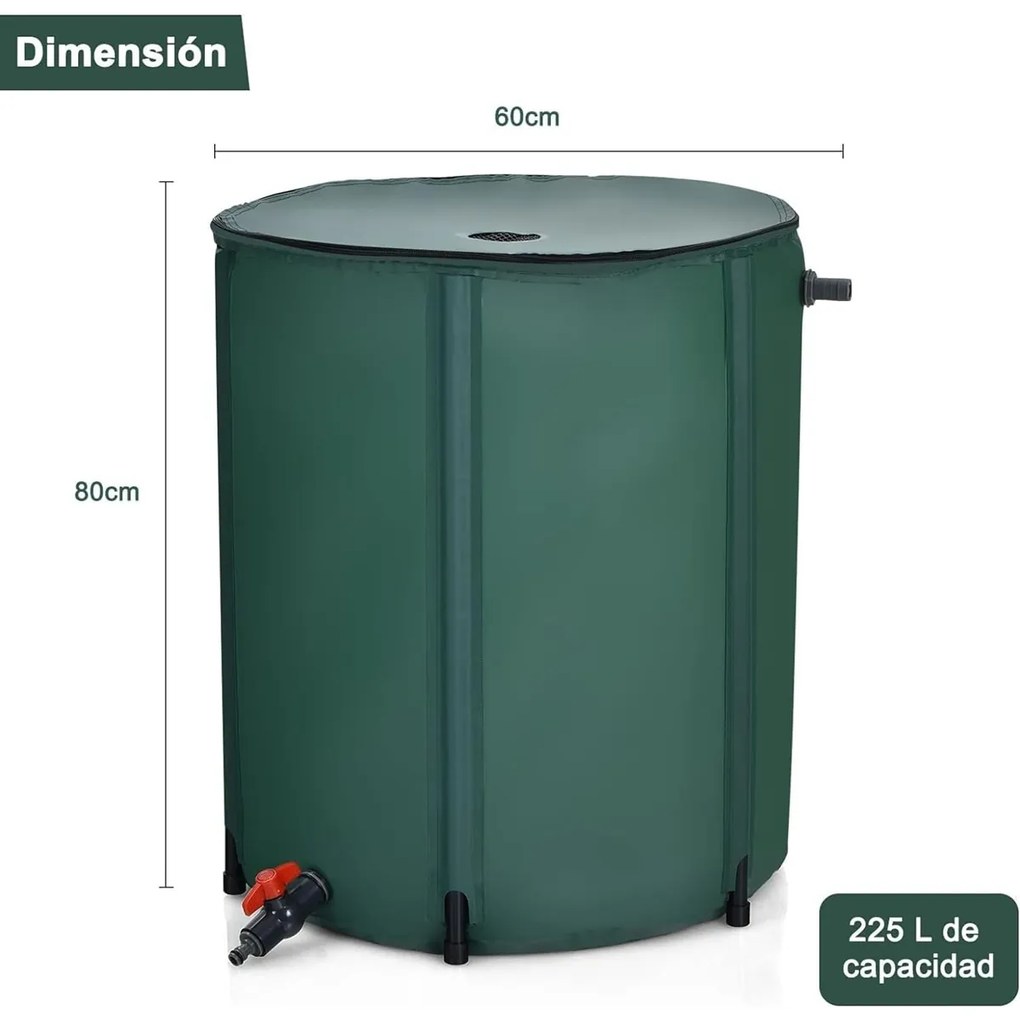 Deposito agua de chuva dobrável 225 L Depósito de água com torneira, válvula de drenagem e filtro para irrigação, pesca, campismo 60 x 80 cm Verde
