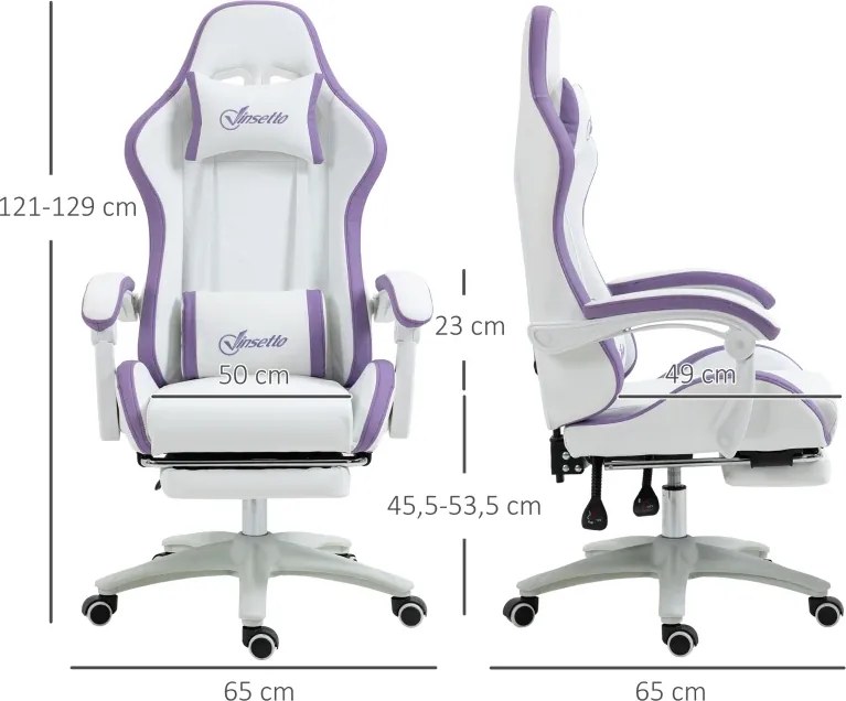 Cadeira Gaming de Couro PU com Altura Ajustável Reclinável 135° e Apoio para os Pés Retrátil 65x65x121-129 cm Branco e Roxo