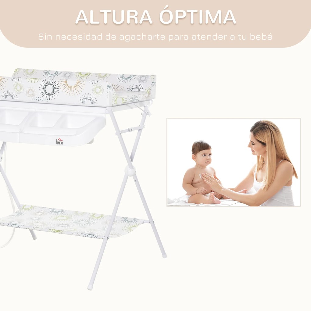 HOMCOM Banheira e Trocador de Fraldas 2 em 1 para Bebés 0-12 Meses Banheira Dobrável com Múltiples Espaços de Armazenamento e Prateleira Inferior Carga máx. 15kg 80x70x95cm Branco