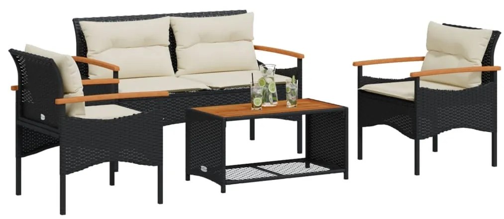 4 pcs conjunto de sofás para jardim c/ almofadões vime PE preto