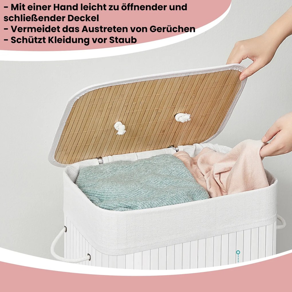 Cesto para roupa em bambu de 72 L, 40 x 30 x 60 cm branco