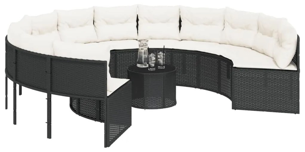 Sofá de jardim com mesa e almofadões redondo vime PE preto