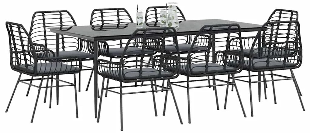 vidaXL Conjunto de jantar jardim 9 peças almofadas vidro vime PE preto