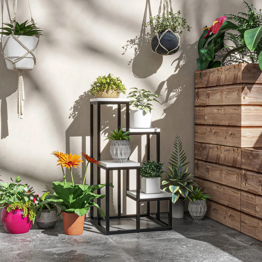 Estante para plantas e flores em metal e madeira, com 4 níveis de alturas diferentes, estilo industrial, 34 x 34 x 66 cm preto e branco