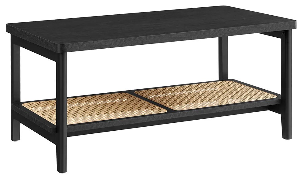 Mesa de centro VASAGLE 2 níveis, mesa de sala de estar com espaço de armazenamento, mesa de sofá para sala de estar com prateleira de vime de PVC, cantos arredondados, estilo boho, cinza, preto LCT240B21