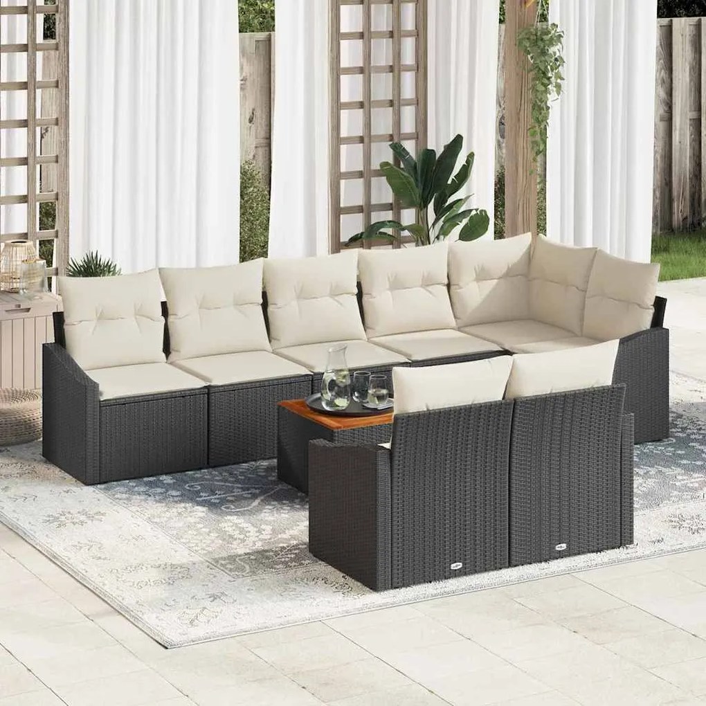 vidaXL Conjunto de Sofá de Jardim com 9 Peças e Almofadas Pretas em Rattan Sintético e Acácia