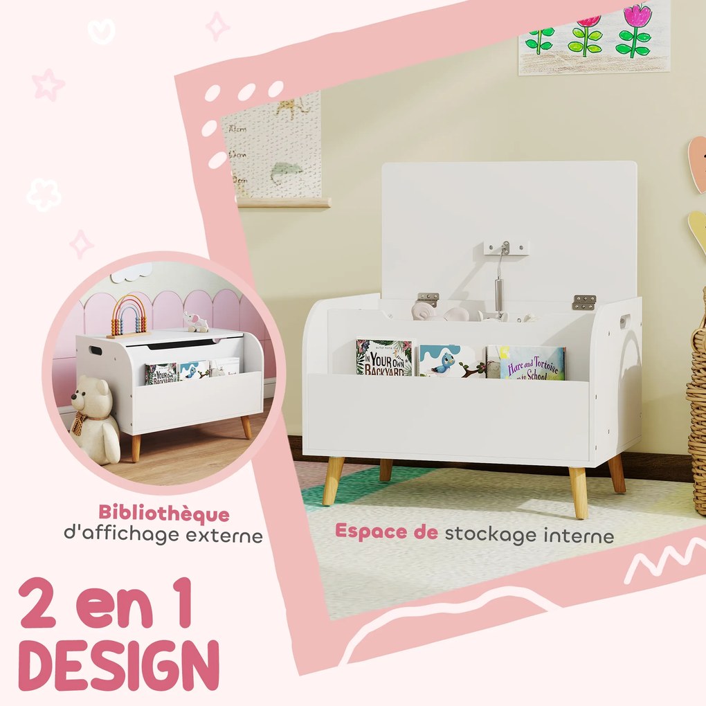 Baú para brinquedos infantis 60 x 40 x 43 cm, baú de arrumação infantil, tampa rebatível e compartimento aberto, branco