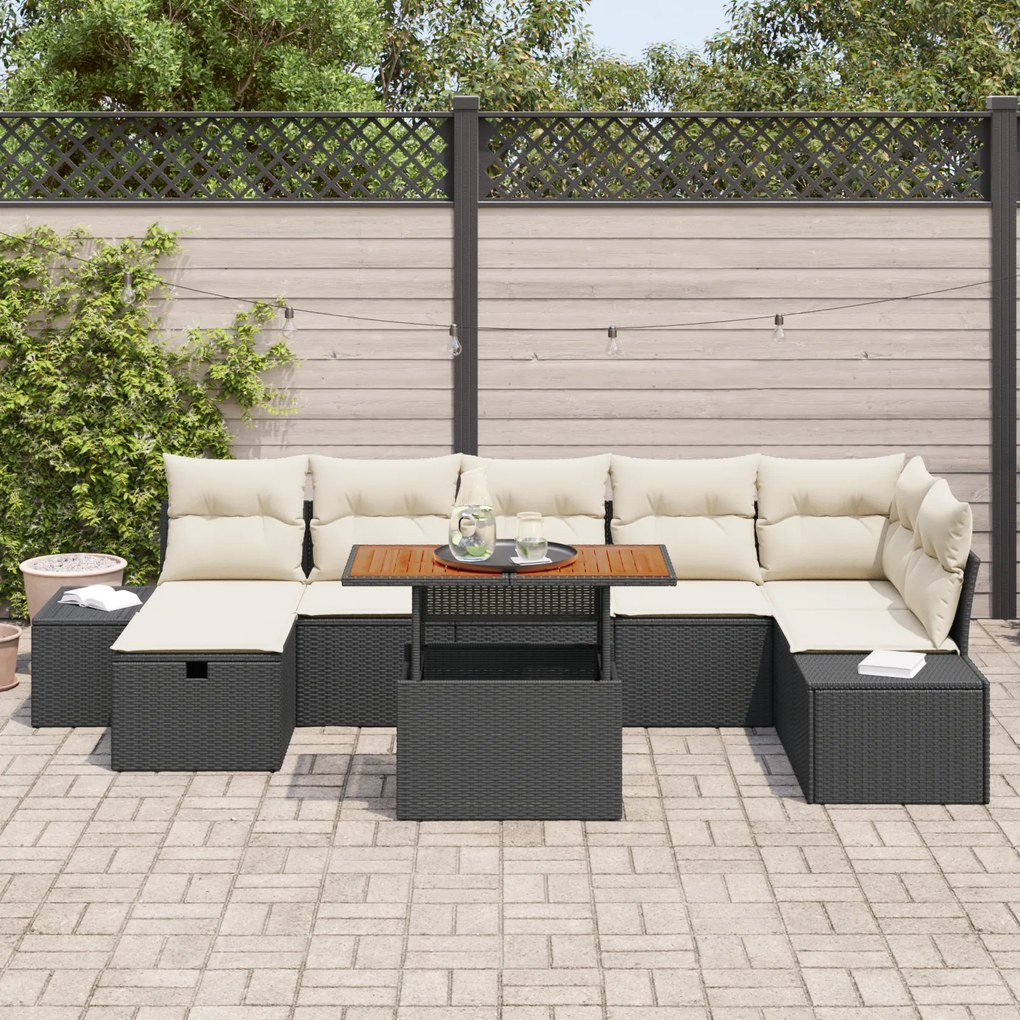 Conjunto de Sofá de 8 Peças com Almofadas Preto Rattan Poliéster