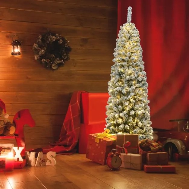 Árvore de Natal com neve de 1,8 m iluminada com 250 luzes LED quentes, 500 ramos e base metálica dobrável Verde