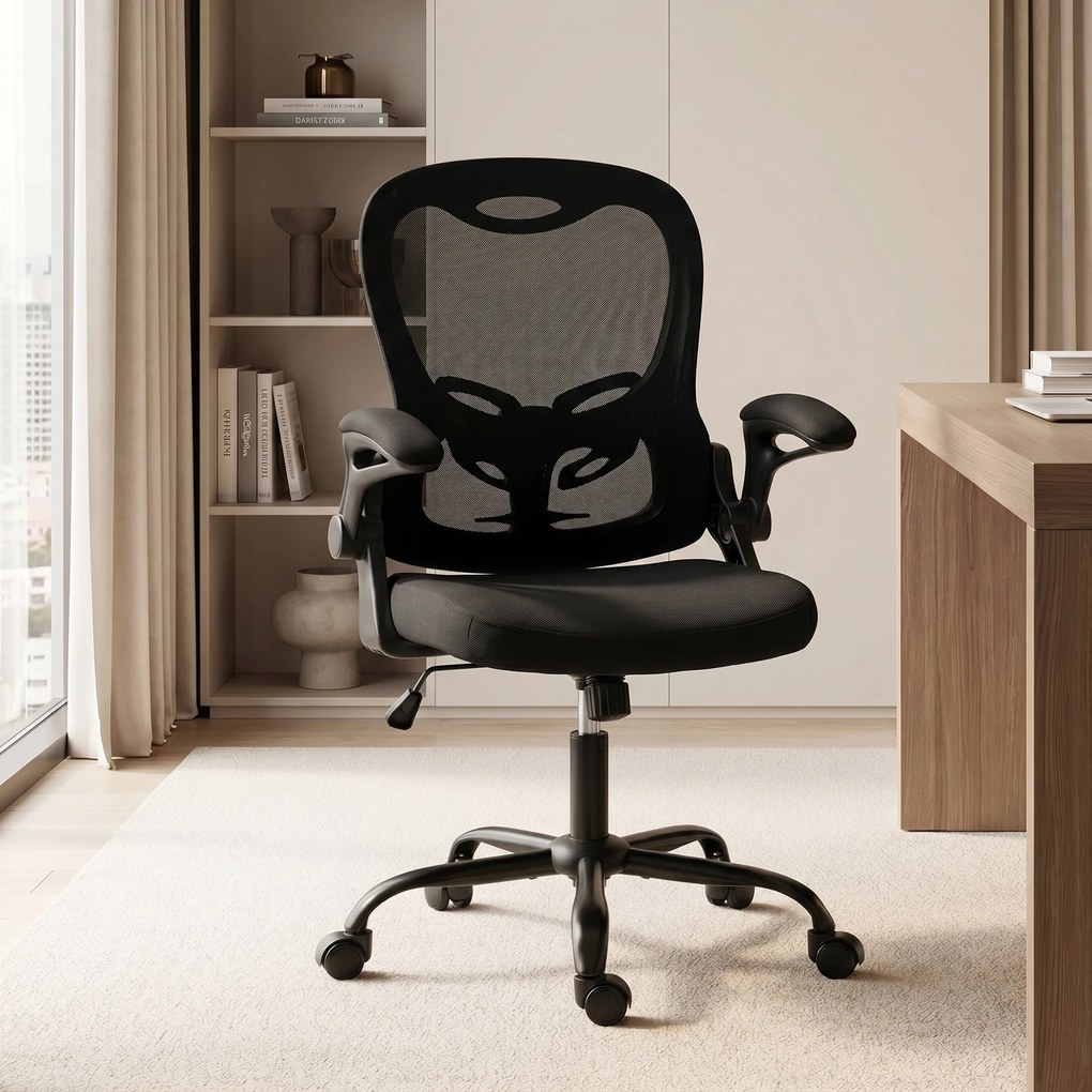 Cadeira de escritório ergonómica, em malha, braços rebatíveis, altura ajustável preta