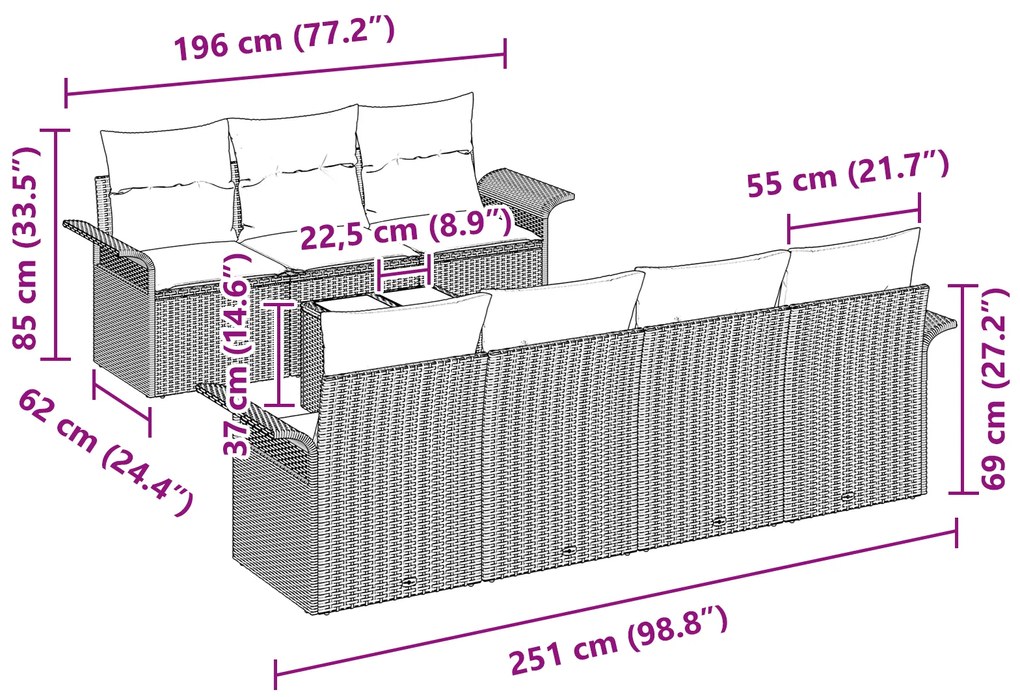 Conjunto de Sofás de Jardim de 8 Peças com Almofadas Cinza Claro Vime