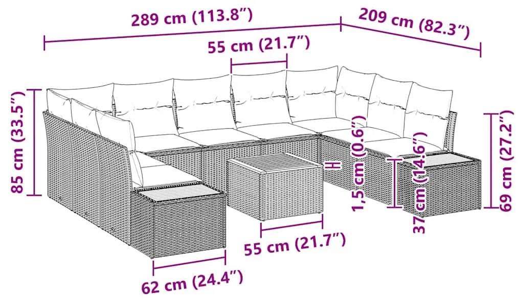 Conjunto de sofá de jardim com 10 peças, almofadas de rattan poliéster