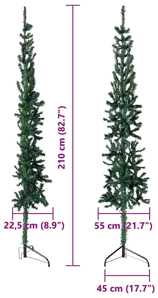 Meia árvore de Natal fina com suporte 210 cm verde