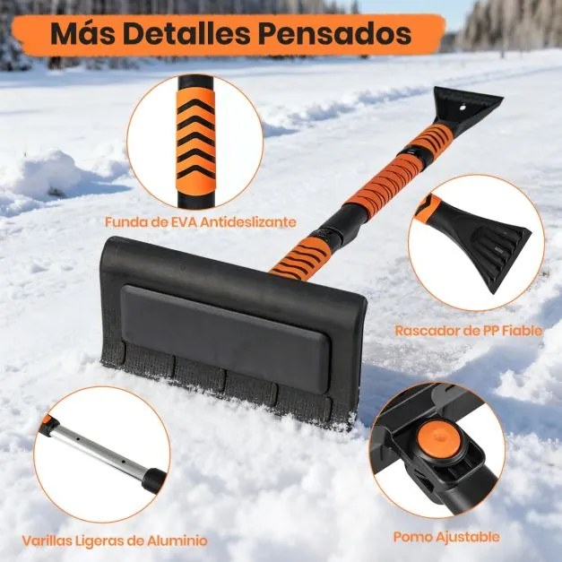 Pá de neve extensível 2 em 1 Raspador de gelo para pára-brisas de automóvel Cabeça giratória de 180° Cabo antiderrapante em EVA preto