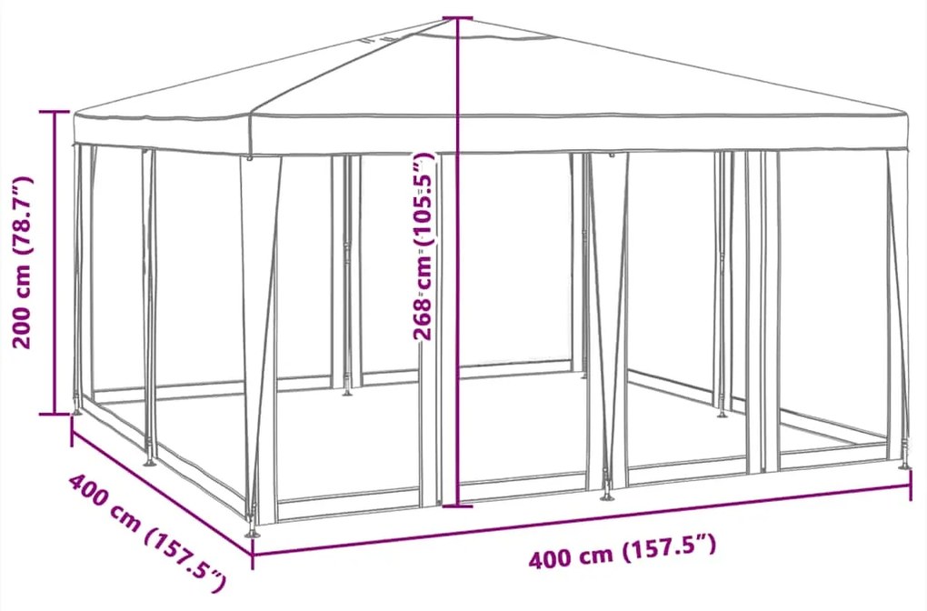 Tenda p/ festas c/ 8 paredes laterais malha 4x4 m PEAD branco