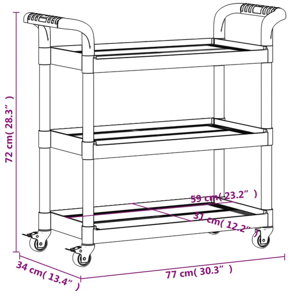 Carrinho c/ 3 prateleiras 77x34x72 cm alumínio cinzento