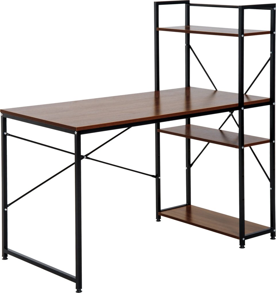 Secretária de canto com arrumação 120 C x 64 L x 121 A cm, estilo industrial, com estante de 3 prateleiras em aglomerado com acabamento em cor nogueir