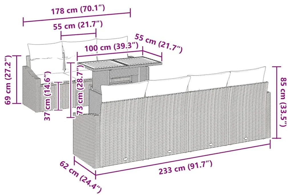 Conjunto de Jantar de Jardim com 8 Peças e Almofadas Bege. Rattan de P