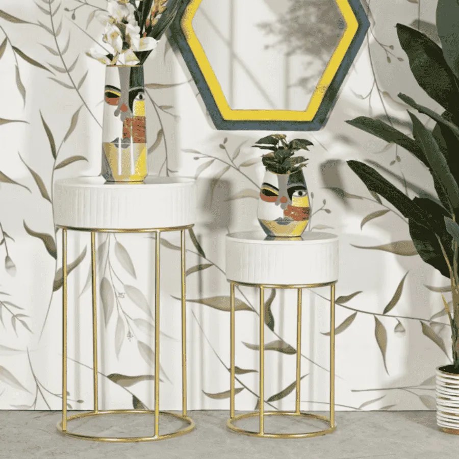 CONJUNTO DE MESAS ALTAS REDONDAS 2 UNIDADES Ø50X90-40X70 CM CREME E DOURADO