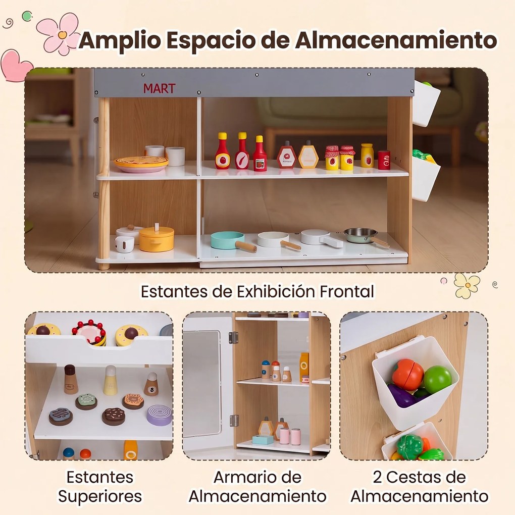 Conjunto de Loja Infantil com Carrinho de Compras e Caixa Registadora, 90 x 62,5 x 110,5 cm, Estrutura de Madeira, Natural