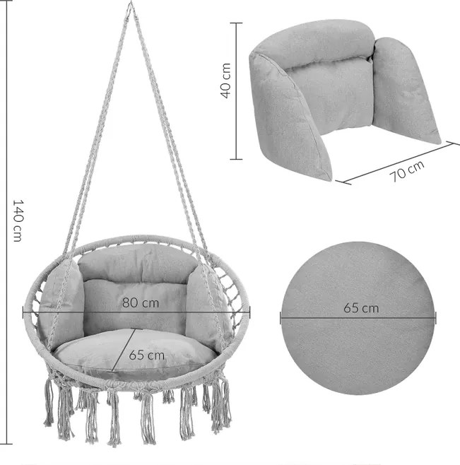 Cadeira suspensa 80x60x140cm redonda com almofadas cinzenta clara