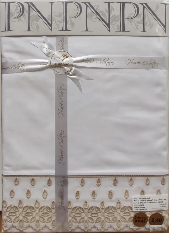 Jogo de lençóis C/ renda aplicada 100% algodão percal cor branco C/ taupe: 1 lençol capa ajustable 150x200+30 cm + 1 lençol superior 240x290 cm + (2) Fronhas 50x70 cm