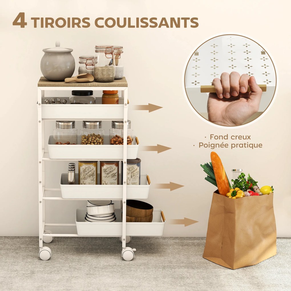 Carrinho de arrumação com Rodas  39,5 cm (L) x 24 cm (P) x 82 cm (A), 5 níveis, com 4 gavetas deslizantes e prateleira de arrumação, branco
