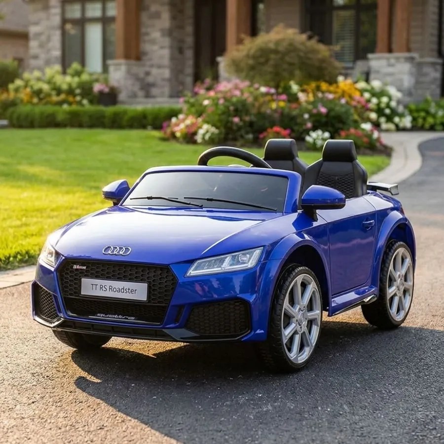 Carro elétrico para crianças 12V Audi TT RS pneus de borracha maciça, banco em pele sintética Azul
