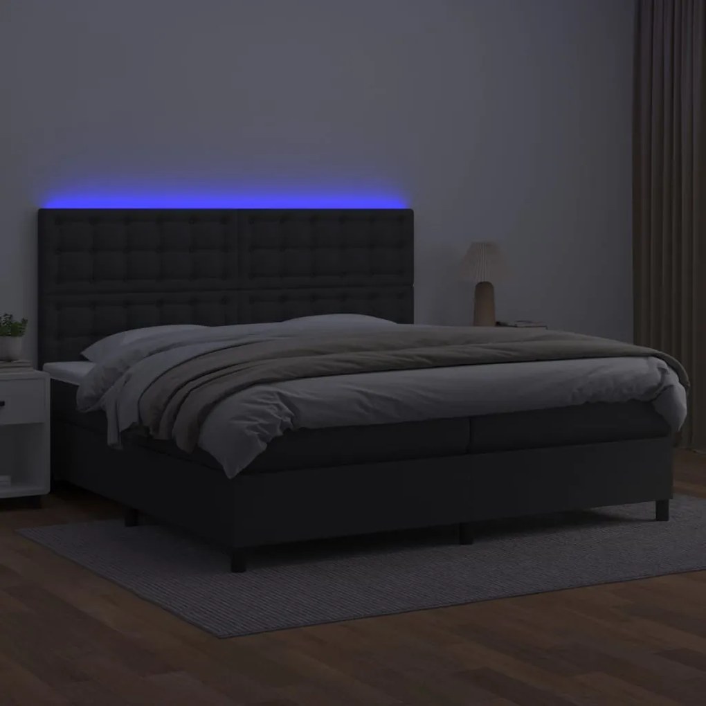 Cama box spring c/ colchão/LED 200x200cm couro artificial preto